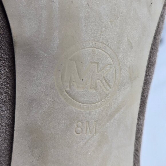 MICHAEL Michael Kors Size 8M Taupe Suede Leather Stiletto Peep Toe Booties Chain - Picture 12 of 16